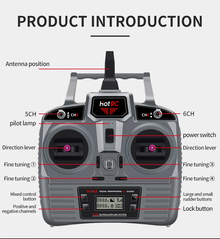 HOTRC HT-6A 2.4GHz 6-Channel RC Transmitter & Receiver for Aircraft, Drone, Car & Boat - Image 3