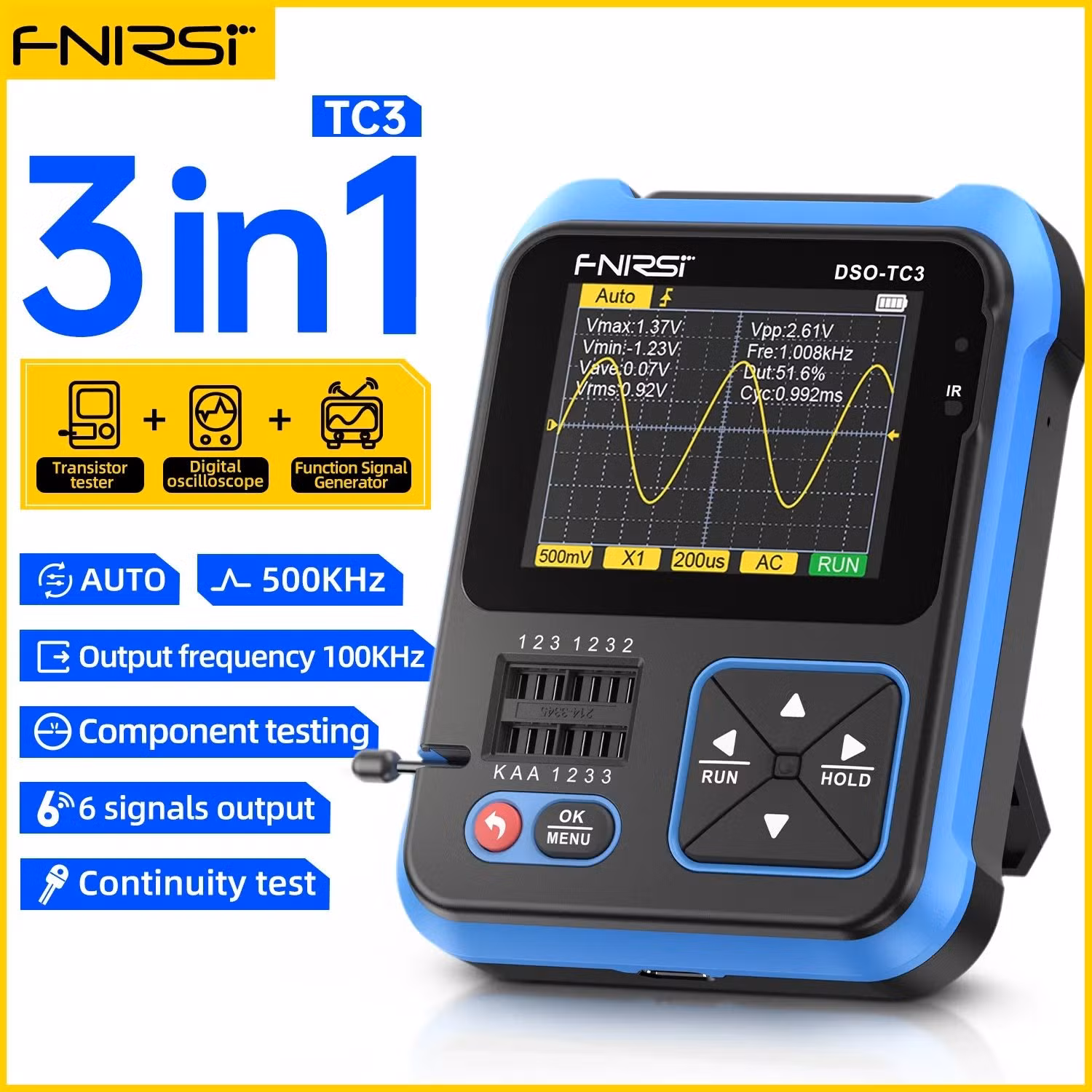 FNIRSI DSO-TC3 3-in-1 Handheld Digital Oscilloscope, Signal Generator & Transistor Tester - Image 3